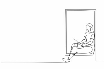 Continuous one line drawing young woman sitting on windowsill and working with laptop. Remote work from home. Online education, studying student. Single line draw design vector graphic illustration