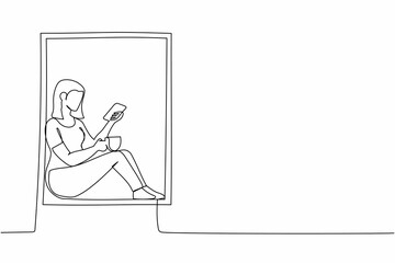 Single one line drawing young lady sitting on windowsill with coffee and enjoying rest time with smartphone. Woman relaxing at home with mobile phone. Continuous line draw design vector illustration
