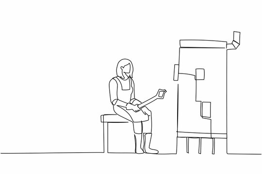 recommend clip art: Single one line drawing female blacksmith sitting in workshop, wearing apron and holding tongs, working hard to maintaining furnace hot fire. Modern continuous line design graphic vector illustration