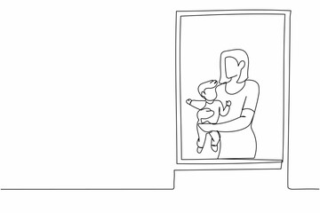 Continuous one line drawing woman holding newborn baby near window. Child lies on in mom's arms. Woman taking care of child. Mother on maternity leave. Single line design vector graphic illustration