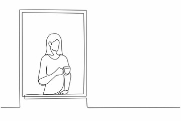 Single continuous line drawing young woman enjoy hot coffee or tea. Female holding mug and looking outside through window while sitting on windowsill. One line draw graphic design vector illustration