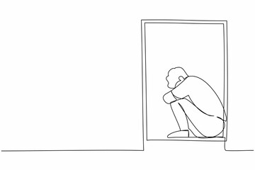 Continuous one line drawing depressed upset desperate man sit on windowsill. Depression, stress, melancholy, despair, frustration, life problems. Single line draw design vector graphic illustration