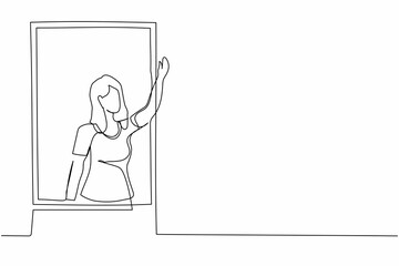 Single one line drawing young female waving at window as look like to greet or invite people to come in. Woman looking outside from windowsill. Continuous line draw design graphic vector illustration