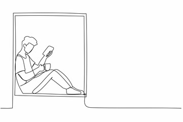 Single continuous line drawing comfortable relaxing at home with smartphone and hot drink. Young man sitting on windowsill with coffee, enjoying rest at home. One line draw design vector illustration