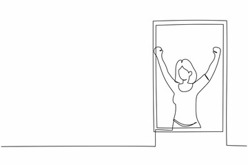 Single continuous line drawing happy woman doing stretching and look out of window. Welcome new day and breathe fresh air. Enjoy sunny weekend at home. One line draw graphic design vector illustration