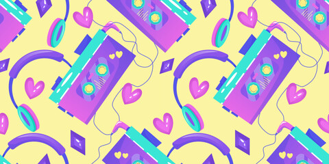 90s seamless pattern in retro style. Cartoon 1990 style vector illustration. Trendy vector design. Neon color. Seamless pattern headphones, cassette player and strasses.