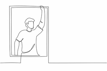 Continuous one line drawing man standing near window with raised  or waving hand. Loneliness, sadness, social distancing. Mental health problems due to pandemic. Single line design vector illustration