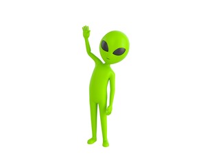 Alien character raising right hand in 3d rendering.