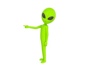 Alien character pointing index finger to the left in 3d rendering.