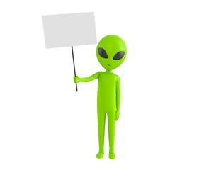 Alien character holding blank banner in 3d rendering.