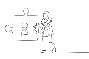 Fototapeta na wymiar Single one line drawing Arab businesswoman put key into puzzle piece. Partnership or cooperation in business project. Teamwork solving complicated task. Continuous line draw design vector illustration