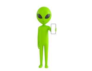Alien character showing his phone in 3d rendering.