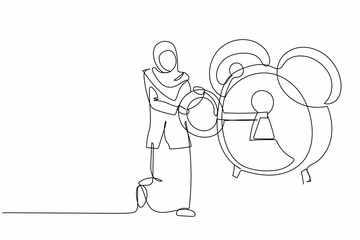 Fototapeta premium Single continuous line drawing Arabian businesswoman put key into alarm clock. Wake up from economic crisis metaphor. Manager unlock deadline business project. One line draw design vector illustration