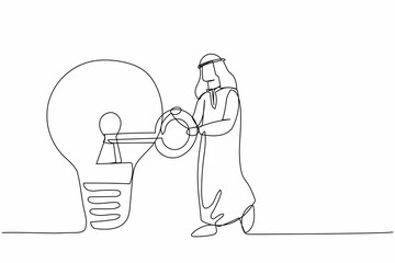 Continuous one line drawing Arab businessman putting big key into light bulb. Unlock innovation on business idea, invent new product or creative thoughts. Single line draw design vector illustration