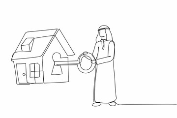 Single one line drawing Arab businessman putting big key into house. Arabian investor investing money in real estate. House loan, property mortgage. Continuous line design graphic vector illustration
