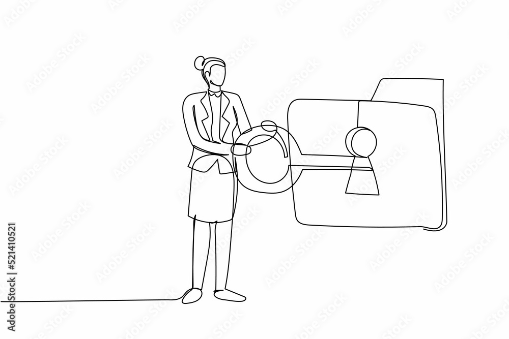 Poster continuous one line drawing businesswoman put key into folder. digital folder locked in computer wit