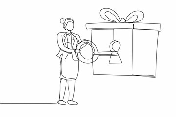 Single continuous line drawing businesswoman put key into gift box with ribbon. Unlock gift and confidential personal information. Celebrate success. One line draw graphic design vector illustration