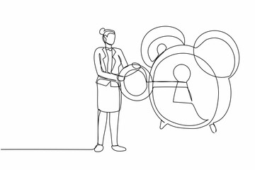 Single continuous line drawing businesswoman put key into alarm clock. Female manager unlock deadline business project. Worker winds clock with key. One line draw graphic design vector illustration