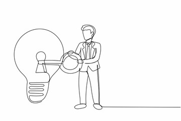 Continuous one line drawing businessman putting big key into light bulb. Unlock new business idea, invent new product or creative thoughts concept. Single line draw design vector graphic illustration