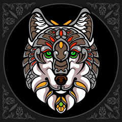 Colorful Wolf zentangle arts isolated on black background