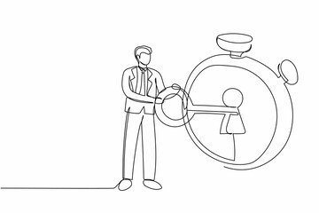 Continuous one line drawing businessman putting big key into stopwatch. Time management concept. Effective planning for productive work, deadline. Single line draw design vector graphic illustration