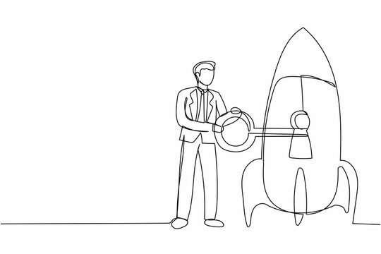Single continuous line drawing businessman putting big key into rocket. Unlock your startup, new business development, web concept. Restart business project. One line draw design vector illustration