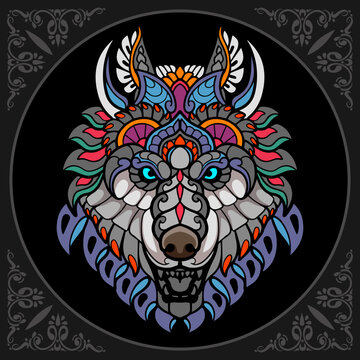 Colorful Wolf zentangle arts isolated on black background