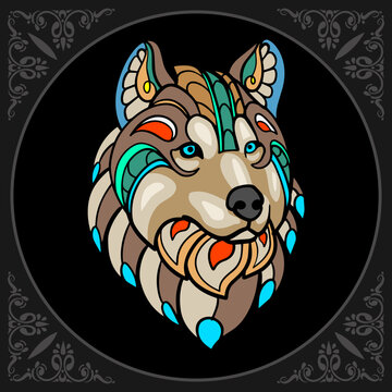 Colorful Wolf zentangle arts isolated on black background