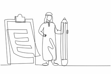 Single continuous line drawing Arabian businessman holding big pencil looking at completed checklist on clipboard. Business success completed plan concept. One line graphic design vector illustration