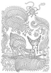 Vector fantasy snail woman silhouette, spider monster, blooming garden. Black and  white Adults coloring book page