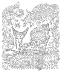 Vector fantasy snail woman silhouette, blooming garden. Black and  white Adults coloring book page