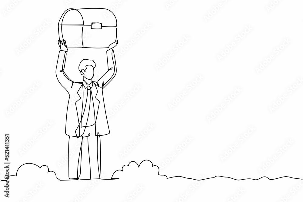 Wall mural Single continuous line drawing active businessman lifting chest treasure in ground. Excited worker finding gem box artefact. Treasure gold hunting. One line draw graphic design vector illustration