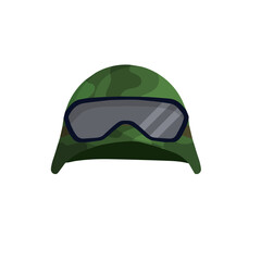 Military helmet of a modern soldier. Green protective cap. Ammunition and uniforms with glasses
