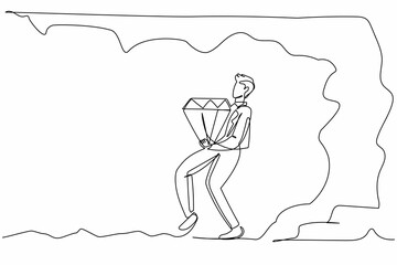 Single one line drawing attractive businessman carrying big diamond from underground. Treasure digging diamond stone. Success, achievement concept. Continuous line design graphic vector illustration