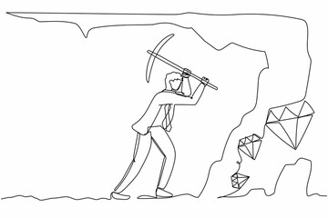 Single one line drawing active businessman digging with pickaxe to get diamond. Worker digging and mining for diamond in an underground tunnel. Continuous line draw design graphic vector illustration