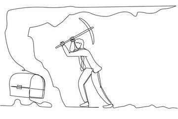 Continuous one line drawing young businessman digging with pickaxe looking for treasure box. Worker mining for treasure chest in underground tunnel. Single line draw design vector graphic illustration