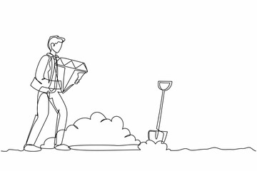 Continuous one line drawing happy businessman walking and holding big diamond to digging hole. Man with precious stone. Successful business and finance. Single line design vector graphic illustration