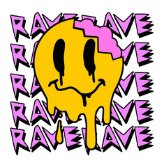 Yellow smile face on background of rave text. Poster for 90s techno party.