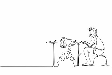 Continuous one line drawing stone age man sitting, cooking meat food on campfire. Prehistoric man sitting, cooking meat on bonfire. Ancient human. Single line draw design vector graphic illustration