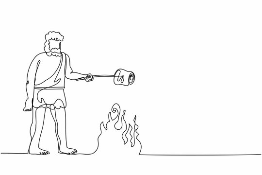 Single continuous line drawing caveman stands and cooking meat food on campfire. Prehistoric man standing and cooking meat on bonfire. Archaic human. One line draw graphic design vector illustration