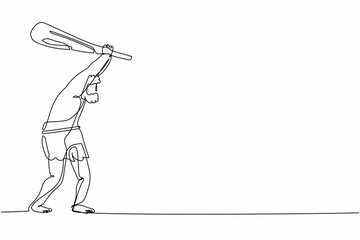 Single continuous line drawing caveman holding and raised cudgel overhead. Caveman and cudgel. Prehistoric man and club. Ancient stone age weapon. One line draw graphic design vector illustration