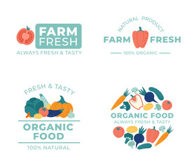 Organic food logotype. Package label with vegetables for fresh and tasty natural products. Pumpkin, eggplant