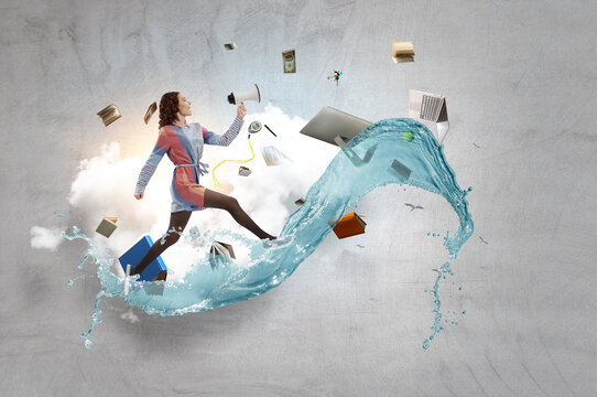 Conceptual image with business items flying in air