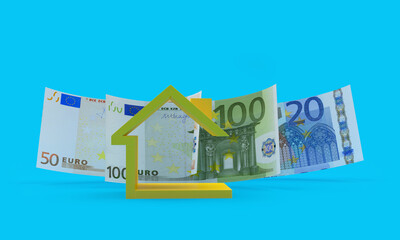 House icon with euro bills on a blue background. 3d illustration