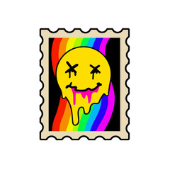 Acid postage stamp with yellow smile face. Rainbow pattern. Rave and techno poster of 90s.