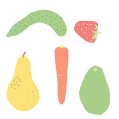 isolated vegetables and fruits cucumber avocado pear carrot strawberry