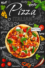 Hand-drawn detailed drawing. Delicious cartoon style. Food poster, advertising, fast food, ingredients, pizzeria menu, pizza. Hand painted sliced veggies, cheese, pepperoni, splash. - 521413510