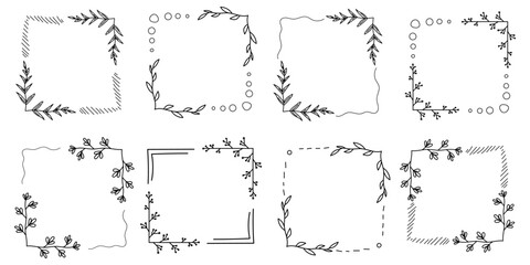 Set of square floral empty frame with branches and flowers. Elegant herbs or blossoms. Vector botanical outline borders set