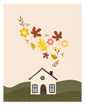 Autumn village house in authentic style, with chimney flowers. Autumn yellow leaves and flowers with berries. For postcard, poster, interior.