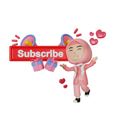 3d rendering cute character girl subscribe